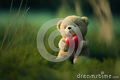 A Romantic Gesture, Teddy Bear with Heart in the Summer Grass. Generative AI Stock Photo