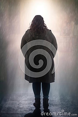 depressed plus sized woman. raining in a alley. Stock Photo