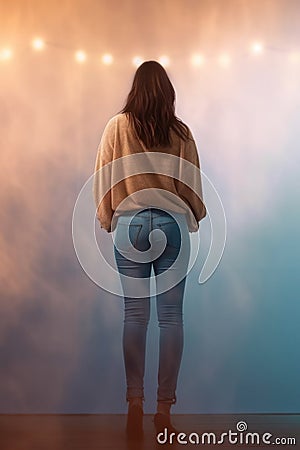 plus size woman in a dark foggy background. Stock Photo