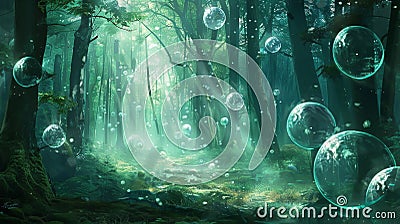 In the midst of the misty forest a hidden clearing could be seen pulsating with the soft glow of countless orbs hovering Stock Photo