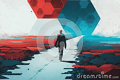 Businessman walking on the road in the middle of the field Stock Photo