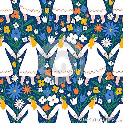 Midsummer dancing girls in flower field, vector seamless pattern Vector Illustration