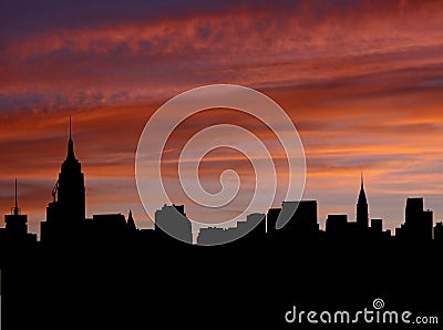 Midtown Manhattan Skyline at sunset Cartoon Illustration