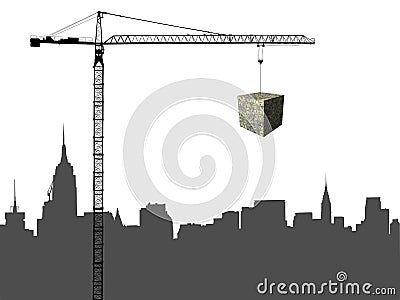 Midtown skyline with crane and dollar cube Cartoon Illustration