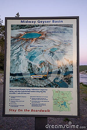Midway Geyser Basin poster sign at Yellowstone National Park Wyoming Editorial Stock Photo