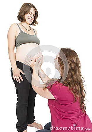 Midwife fingering at human belly Stock Photo