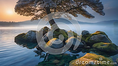 Midwinter, island off the coast of a lake, trees and rocks. Cold sunrise on the lake island. Stock Photo