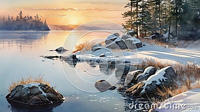 Midwinter, island off the coast of a lake, trees and rocks. Cold sunrise on the lake island. Stock Photo