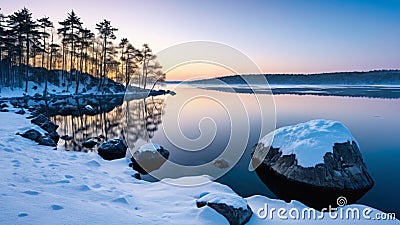 Midwinter, island off the coast of a lake, trees and rocks. Cold sunrise on the lake island. Stock Photo