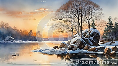 Midwinter, island off the coast of a lake, trees and rocks. Cold sunrise on the lake island. Stock Photo