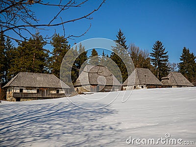 Traditional Transylvanian log houses on local museums backyard. Editorial Stock Photo