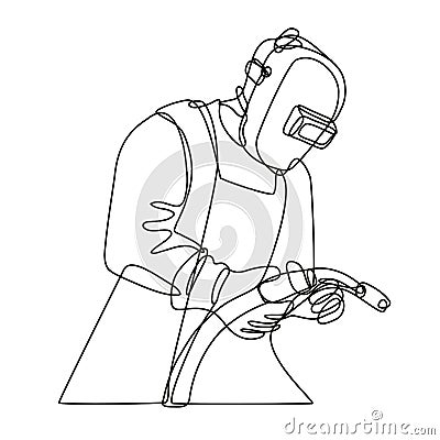 Mig Welder with Visor Holding Welding Torch Continuous Line Drawing Vector Illustration