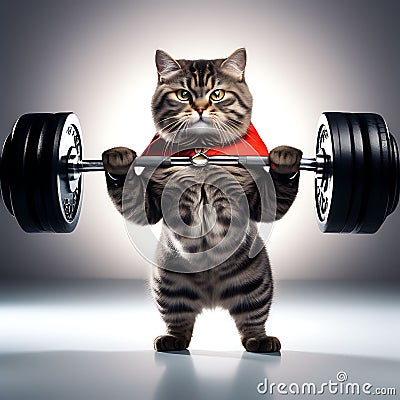 Mighty Feline Fitness: Cat Bodybuilder with Sports Medal Exercising with Dumbbell Weights on a White Background (3D Render Stock Photo