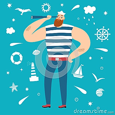 Mighty sailor with spyglass Vector Illustration