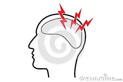 Migraine headache pain and central nervous system disease image concept. Human head profile outline with three red lightnings Vector Illustration