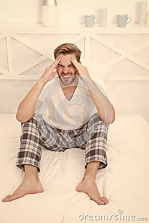 Migraine headaches. Common symptom of sleep apnea. Causes of early morning headache. Sleep problems can lead to Stock Photo