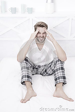 Migraine headaches. Common symptom of sleep apnea. Causes of early morning headache. Sleep problems can lead to Stock Photo