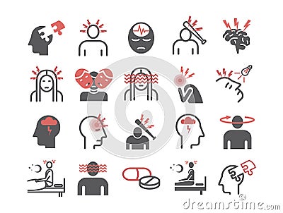 Migraines. Migraine symptoms. Headache line icons. Vector set. Vector Illustration