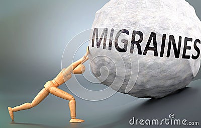 Migraines and painful human condition, pictured as a wooden human figure pushing heavy weight to show how hard it can be to deal Cartoon Illustration