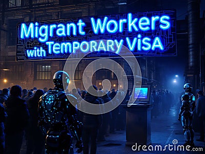 Migrant workers await processing for temporary visas in a futuristic setting. Robots oversee the procedure Stock Photo