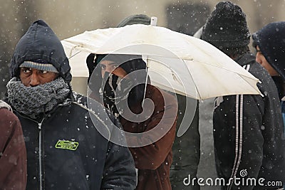 Migrants in Belgrade during winter Editorial Stock Photo