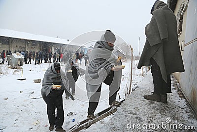 Migrants in Belgrade during winter Editorial Stock Photo