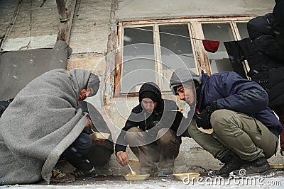 Migrants in Belgrade during winter Editorial Stock Photo