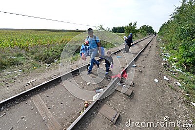 Migrants from Middle East waiting at hungarian border Editorial Stock Photo