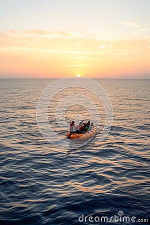 Migrants in an overcrowded boat cross the sea Stock Photo