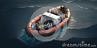 Migrants and refugees take a dangerous journey in a boat on the ocean. Generative ai Stock Photo