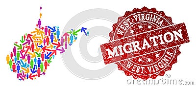 Migration Collage of Mosaic Map of West Virginia State and Scratched Stamp Vector Illustration