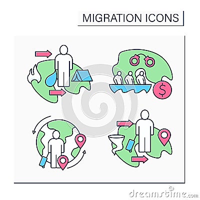 Migration color icons set Vector Illustration