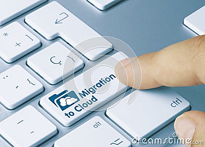 Migration to Cloud - Inscription on Blue Keyboard Key Stock Photo