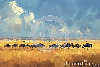 Migratory wildebeest herds, painted with oil or acrylic paints Stock Photo