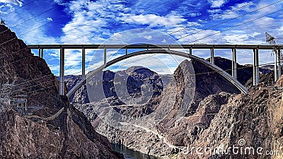 The Mike O'Callaghan-Pat Tillman Memorial Bridge, linking the two ends of the Hoover Dam on the Colorado River. Stock Photo