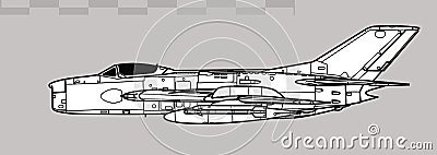 Mikoyan-Gurevich MiG-19PT Farmer-E. Vector drawing of early jet fighter aircraft. Vector Illustration