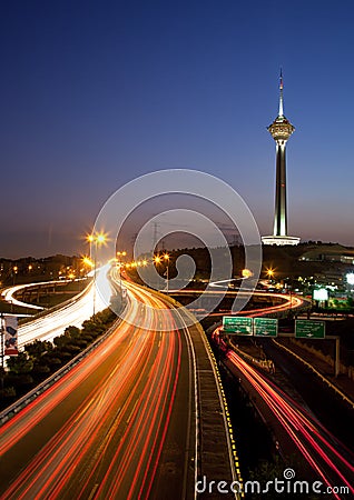 Milad Tower and Light Trails Stock Photo