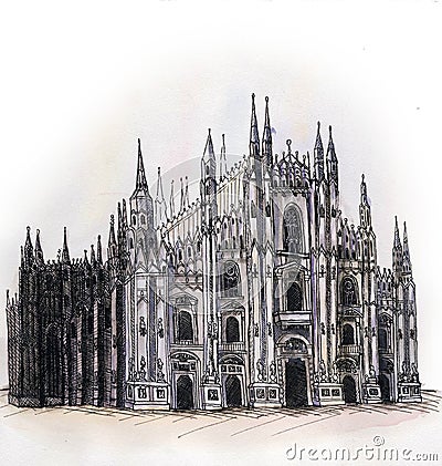 The Milan cathedral Dome watercolor hand drawing, arhitectural buillding isolated Stock Photo