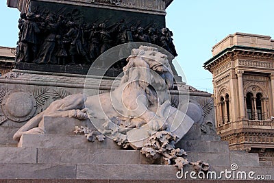 Milan Cathedral and monument of lion statue Stock Photo