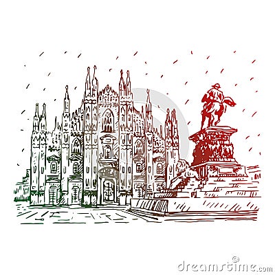 Cathedral with statue. Milan, Italy. Vector outline illustration Vector Illustration