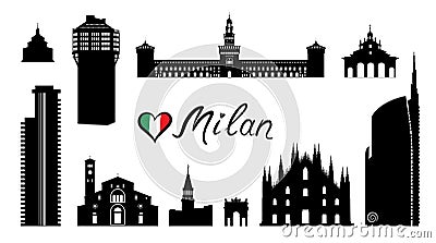 Milan city famous place travel set. Italy, architectural tourist landmark silhouettes. Historic buildings and modern skyscrapers. Stock Photo