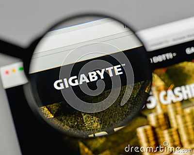 Milan, Italy - August 10, 2017: Gigabyte logo on the website homepage. Editorial Stock Photo