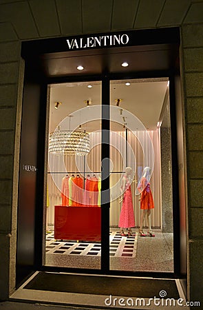 Valentino fashion boutique for women decorated for the Christmas holidays. Editorial Stock Photo