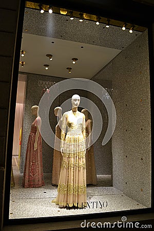 Valentino fashion boutique for women decorated for the Christmas holidays. Editorial Stock Photo
