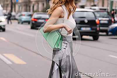 Milan, Italy - February 22, 2023: woman wearing Fendi Peekaboo shoulder bag. Fashion blogger outfit details Editorial Stock Photo