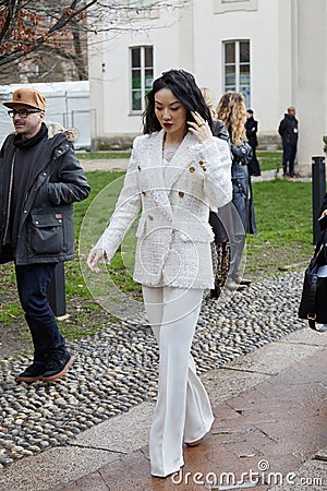 Jessica Wang before Luisa Spagnoli fashion show, Milan Fashion Week street style Editorial Stock Photo