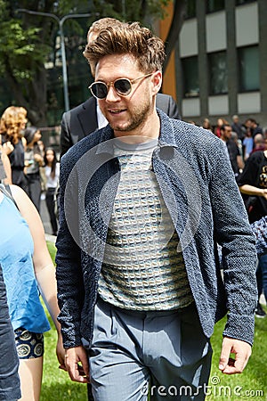 Singer Niall Horan before Emporio Armani fashion show, Milan Fashion Week street style Editorial Stock Photo