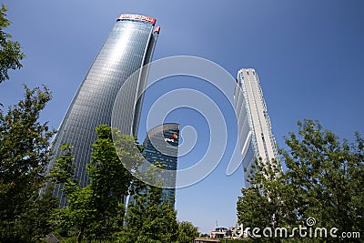 Tre Torri` complex buildings in City Life District, Hadid Tower, Isozaki Tower and Libesking Tower in Milan, Italy Editorial Stock Photo