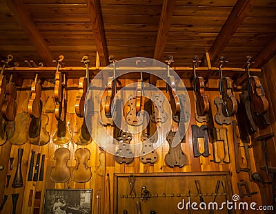 MILAN, ITALY - JUNE 9, 2016: violin maker`s workshop at the Scie Editorial Stock Photo