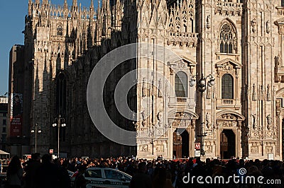 Milan, Italy - March 23, 2019: Duomo. People in front of facade of italian gothic church in the centre of Milan, Italy Editorial Stock Photo